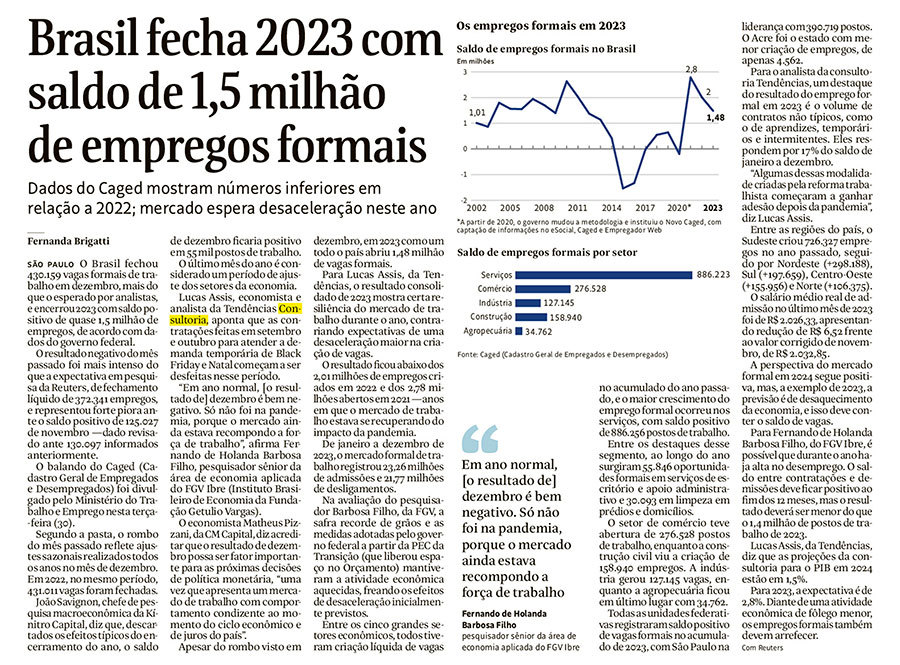 Brasil fecha 2023 com saldo de 1,5 milhão de empregos formais - Folha de São Paulo