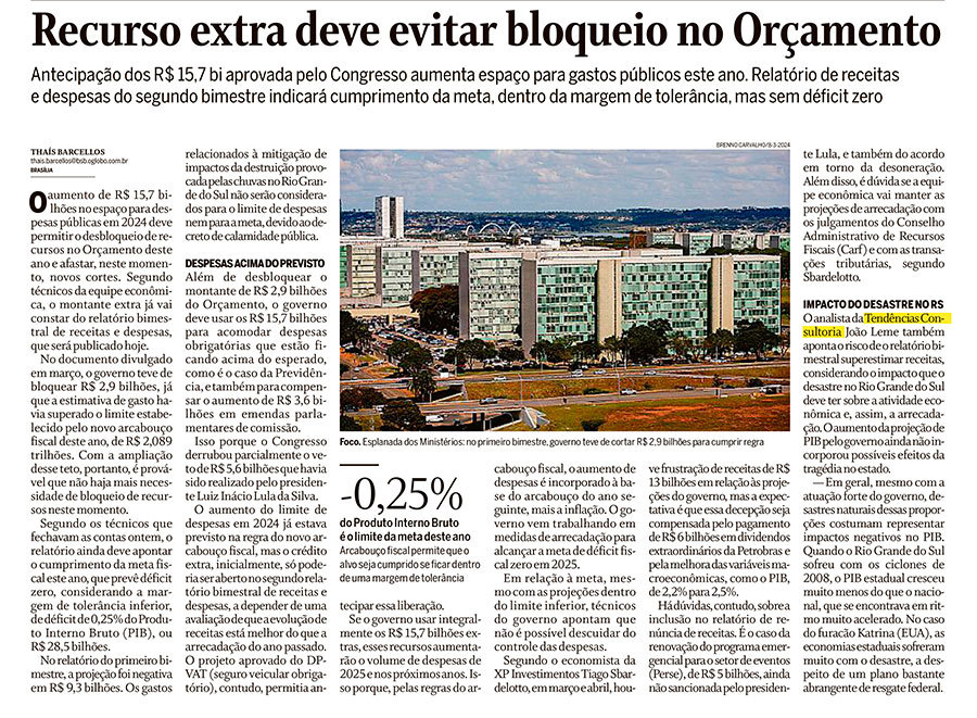 Abertura de R$ 15,7 bi em despesas extra deve afastar novo bloqueio no Orçamento neste momento - O Globo
